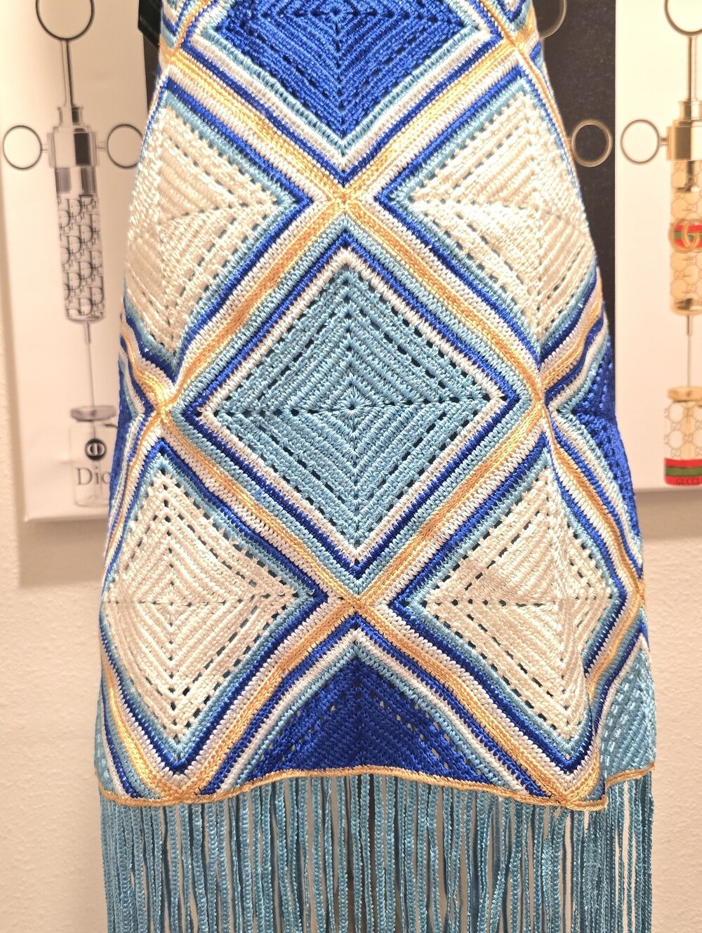 Boston Proper Midi Blue & Cream Crochet Dress with Fringe - Picture 9 of 13
